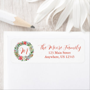 Watercolor Poinsettia Christmas Wreath Monogram Return Address Label