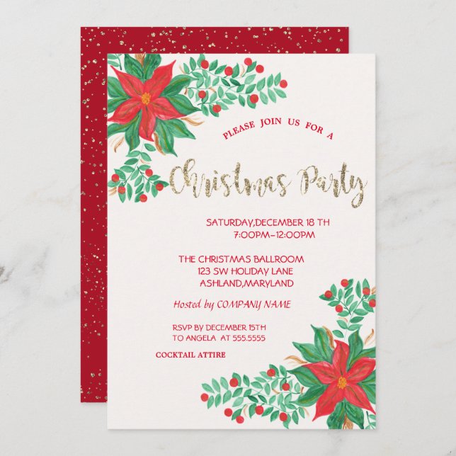 Watercolor Poinsettia,Confetti Company Christmas Invitation (Front/Back)
