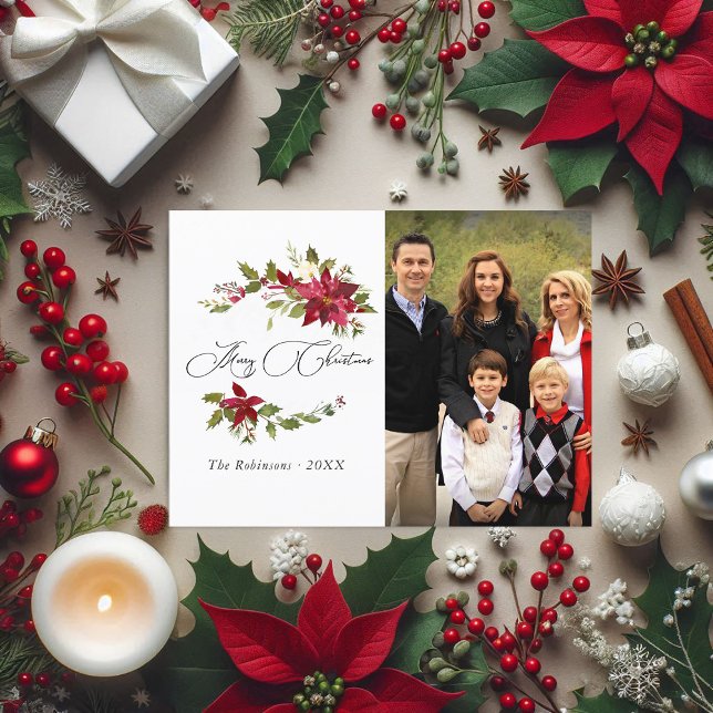 Watercolor Poinsettia Family Christmas photo Holiday Postcard (Watercolor Poinsettia Family Christmas photo Holiday Postcard)