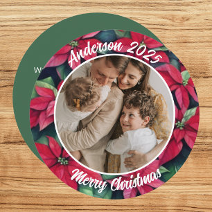 Watercolor Poinsettia Family Christmas Round Holiday Card