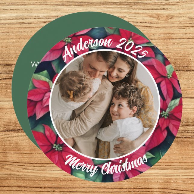 Watercolor Poinsettia Family Christmas Round Holiday Card (Creator Uploaded)