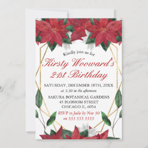 Watercolor Poinsettia Floral Christmas Birthday Invitation