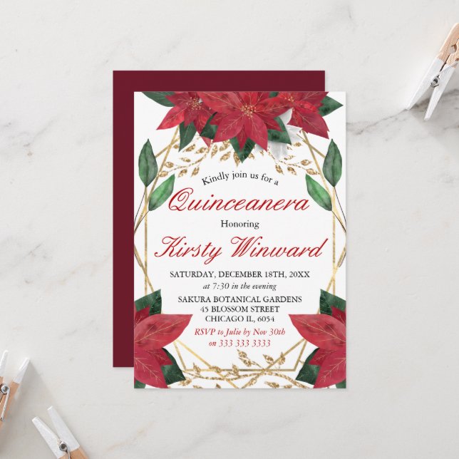 Watercolor Poinsettia Floral Christmas Quinceanera Invitation (Front/Back In Situ)