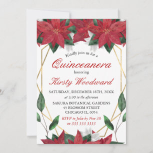 Watercolor Poinsettia Floral Christmas Quinceanera Invitation