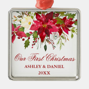 Watercolor Poinsettia Floral First Christmas Metal Ornament