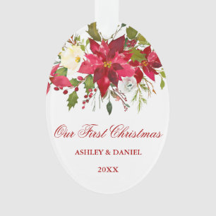 Watercolor Poinsettia Floral First Christmas Rd Ornament