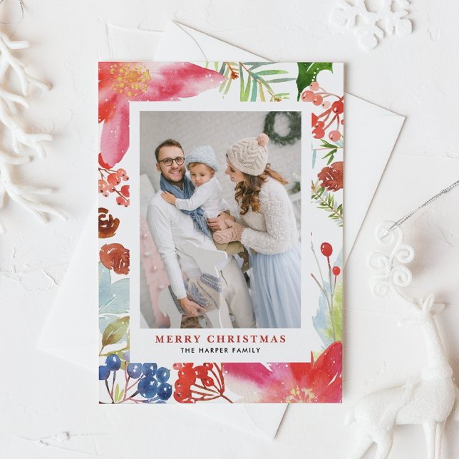 Watercolor Poinsettia Floral Frame Photo Christmas Holiday Postcard (Creator Uploaded)