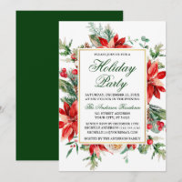 Watercolor Poinsettia Floral Green Holiday Party