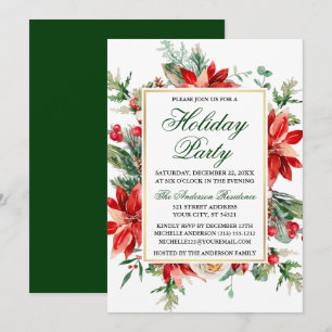 Watercolor Poinsettia Floral Green Holiday Party Invitation