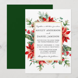 Watercolor Poinsettia Floral Green Wedding Invitation