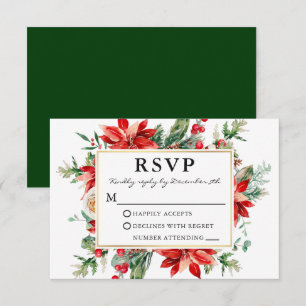 Watercolor Poinsettia Floral Green Wedding RSVP Card