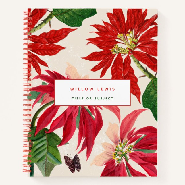 Watercolor Poinsettia Floral Greenery Recipe Notebook (Front)