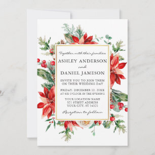 Watercolor Poinsettia Floral Greenery Wedding Invitation
