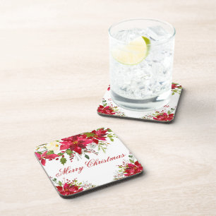 Watercolor Poinsettia Floral Merry Christmas Coaster
