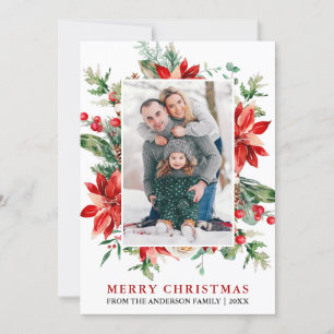 Watercolor Poinsettia Floral Photo Christmas  Holiday Card