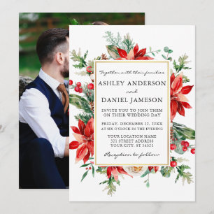 Watercolor Poinsettia Floral Photo Wedding Invitation