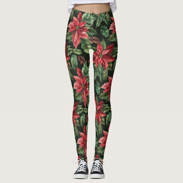  Watercolor Poinsettia flower Christmas  Leggings (Front)