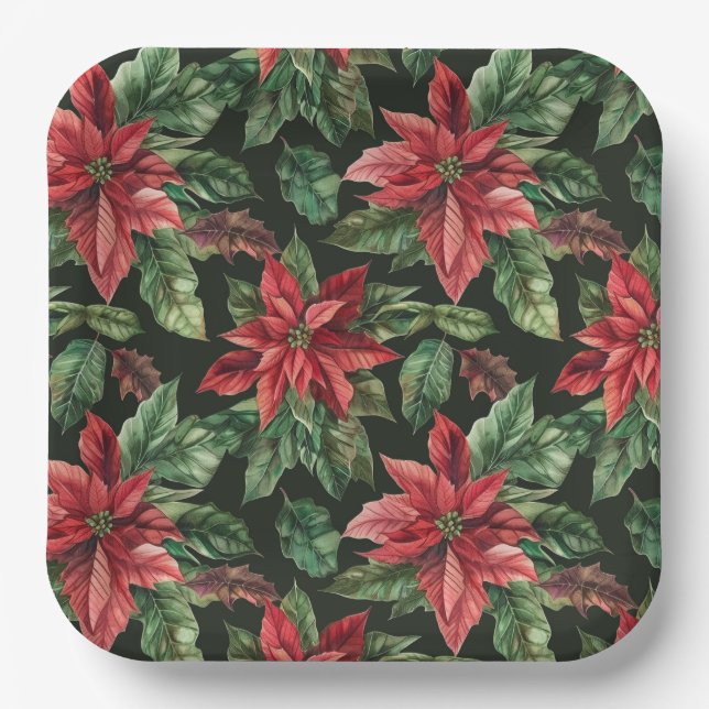  Watercolor Poinsettia flower Christmas  Paper Plate (Front)