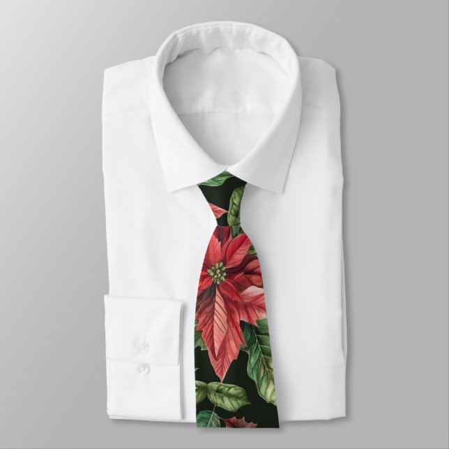  Watercolor Poinsettia flower Christmas  Tie (Tied)