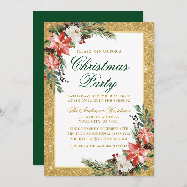 Watercolor Poinsettia Glitter Christmas Party Invitation (Front/Back)