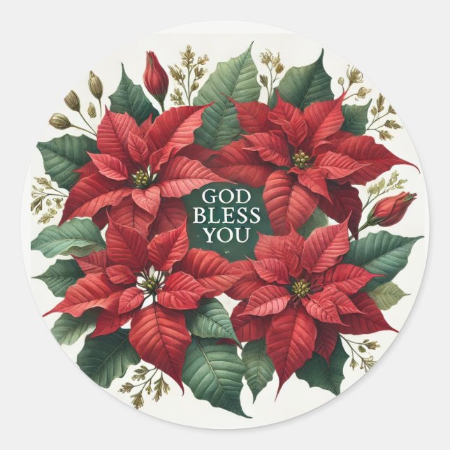 Watercolor Poinsettia "God Bless You" Christmas Classic Round Sticker (Front)