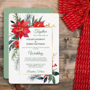 Watercolor Poinsettia Gold Frame Christmas Formal Invitation