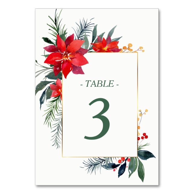 Watercolor Poinsettia Gold Frame Christmas Wedding Table Number (Front)