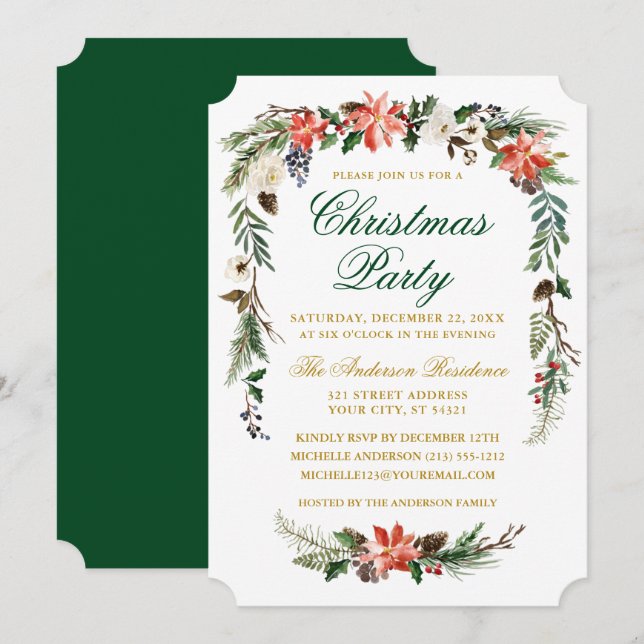 Watercolor Poinsettia Gold Green Christmas Party Invitation (Front/Back)