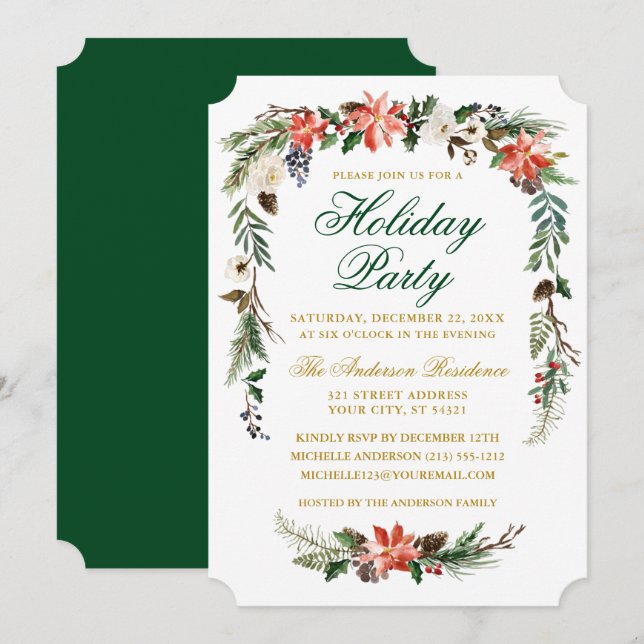 Watercolor Poinsettia Gold Green Holiday Party Invitation (Front/Back)