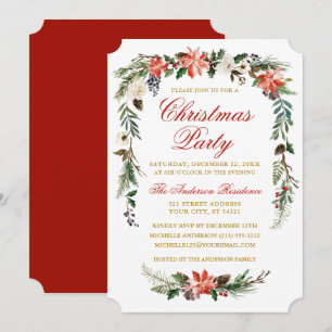 Watercolor Poinsettia Gold Red Christmas Party Invitation