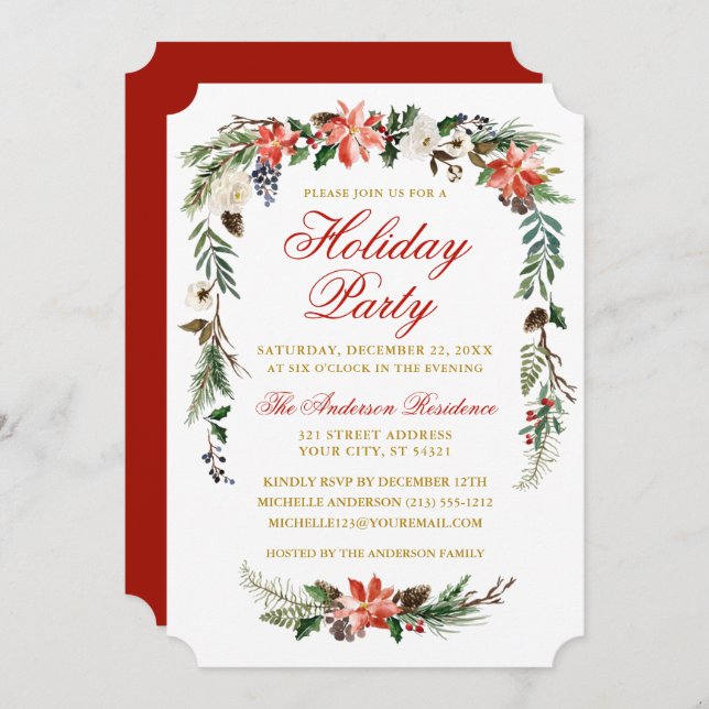 Watercolor Poinsettia Gold Red Holiday Party Invitation (Front/Back)