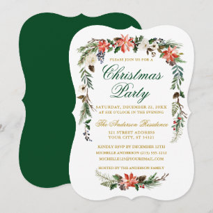 Watercolor Poinsettia Green Gold Christmas Party Invitation
