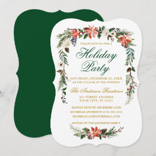 Watercolor Poinsettia Green Gold Holiday Party Invitation