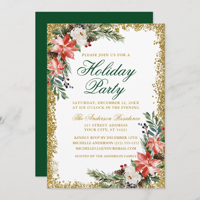 Watercolor Poinsettia Holiday Party Glitter Invitation (Front/Back)