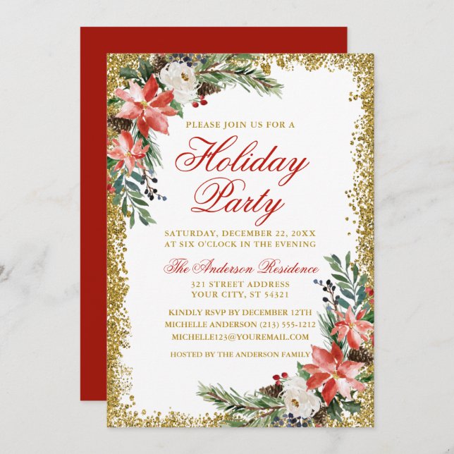 Watercolor Poinsettia Holiday Party Glitter Red Invitation (Front/Back)