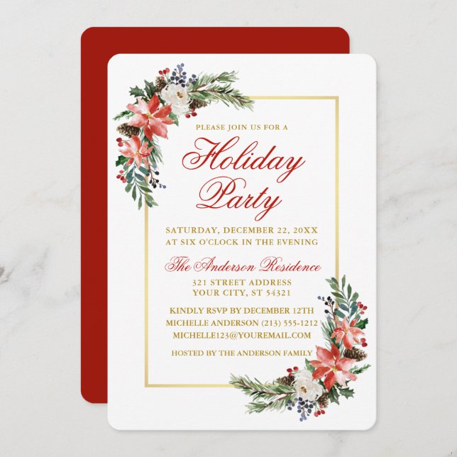 Watercolor Poinsettia Holiday Party Gold Red Invitation (Front/Back)