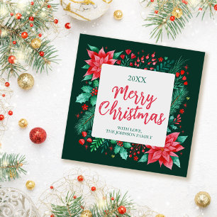 Watercolor Poinsettia, Holly and Pine Christmas Holiday Card