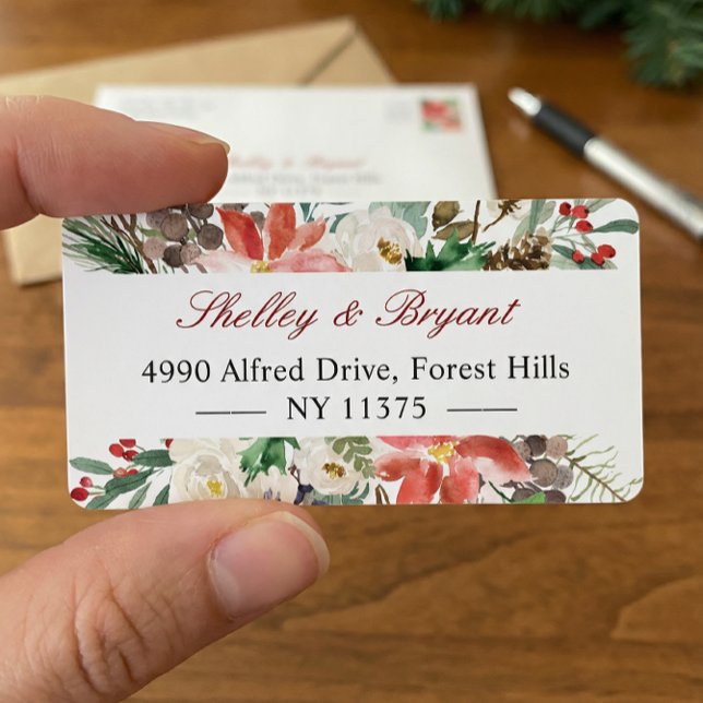 Watercolor Poinsettia Holly Berry Ivory Floral Label (Creator Uploaded)