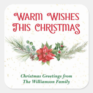 Watercolor Poinsettia Holly Bouquet Christmas Square Sticker