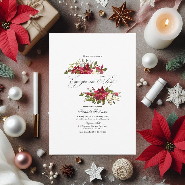 Watercolor Poinsettia & Holly Christmas Engagement Invitation (Watercolor Poinsettia & Holly Christmas Engagement Invitation)