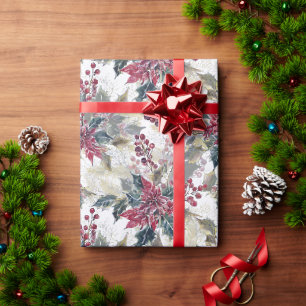 Watercolor poinsettia & holly Christmas Wrapping Paper