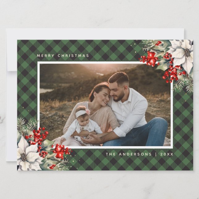 Watercolor Poinsettia Holly Green Photo Christmas Holiday Card (Front)