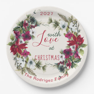 Watercolor Poinsettia, holly, pine Christmas Party Paper Plate