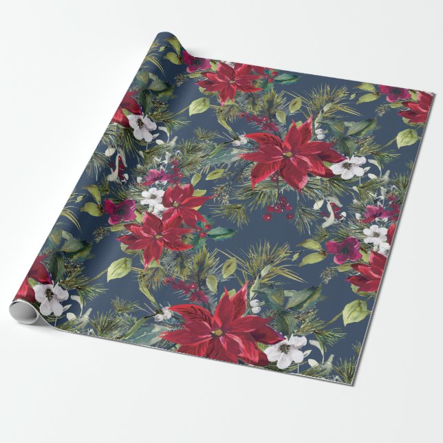 Watercolor Poinsettia, holly, pine Christmas Party Wrapping Paper (Unrolled)