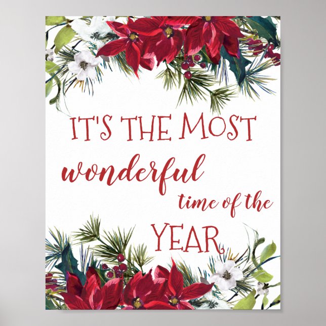 Watercolor Poinsettia, holly, pine Christmas Poster (Front)