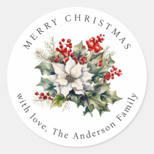 Watercolor Poinsettia Holly Red Berries Christmas Classic Round Sticker