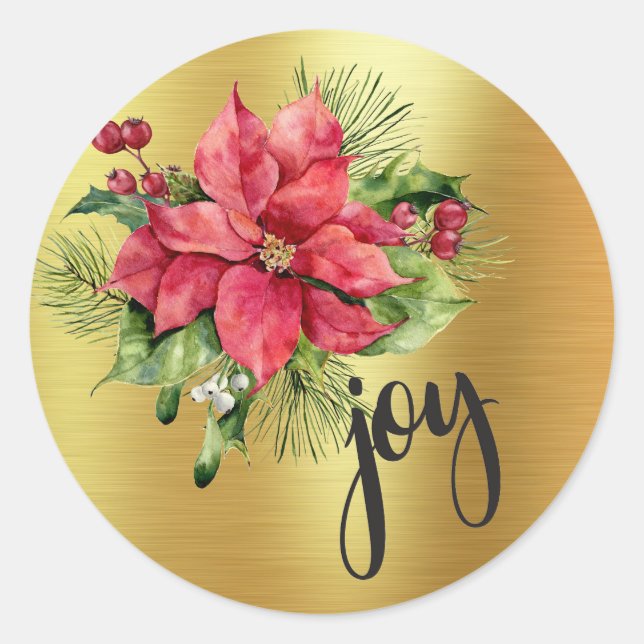 Watercolor Poinsettia - Joy - Gold Foil Background Classic Round Sticker (Front)
