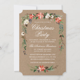 Watercolor Poinsettia Kraft Christmas Party Invitation