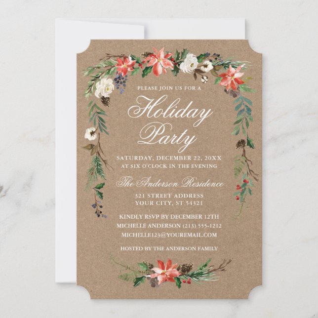 Watercolor Poinsettia Kraft Holiday Party Invitation (Front)