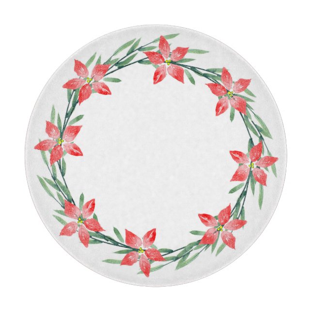 Watercolor Poinsettia Leaves Wreath  Cutting Board (Front)